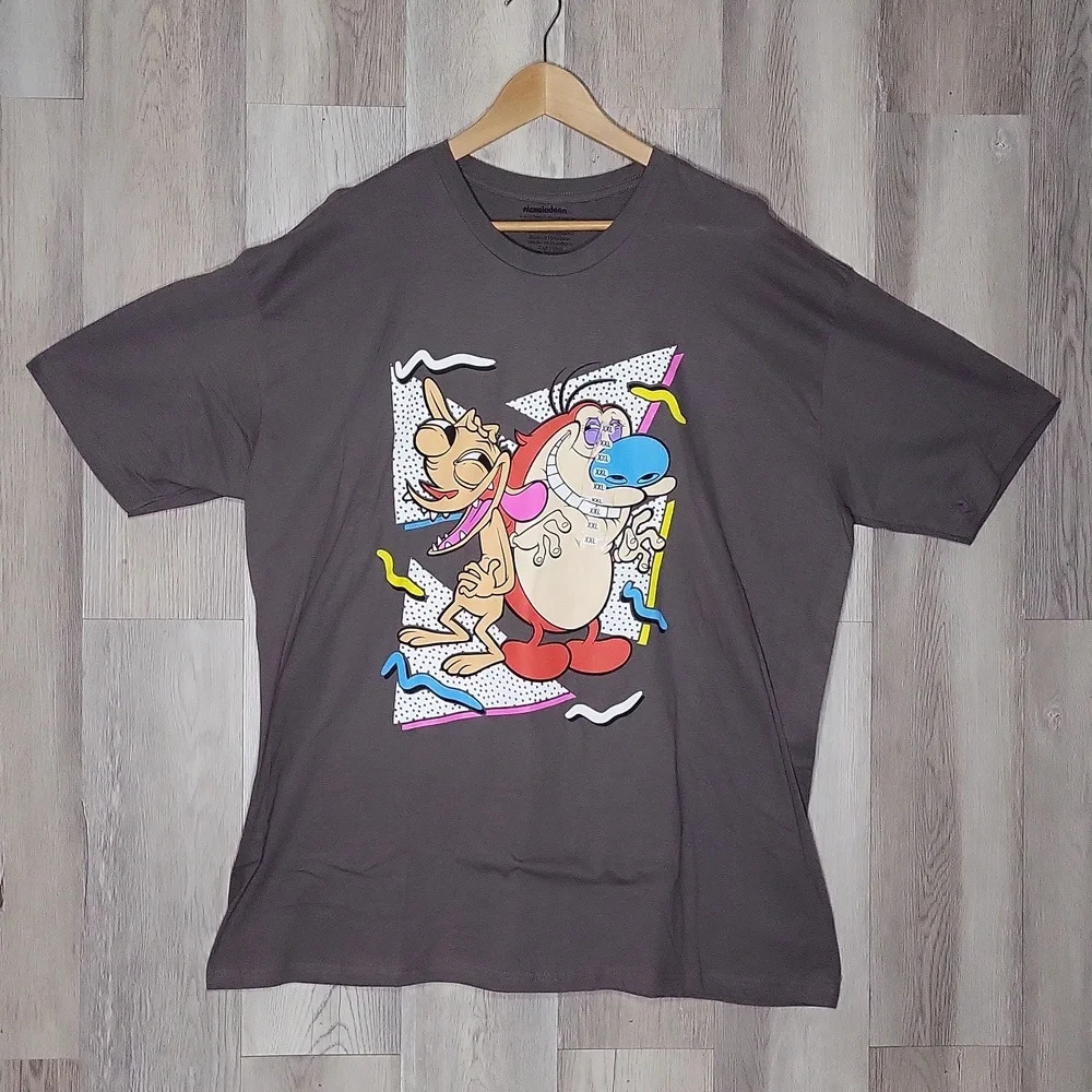 Nickelodeon Mens XXL Grey Ren & Stimpy Cotton Short Sleeve Tee‎ Casual 90s NEW